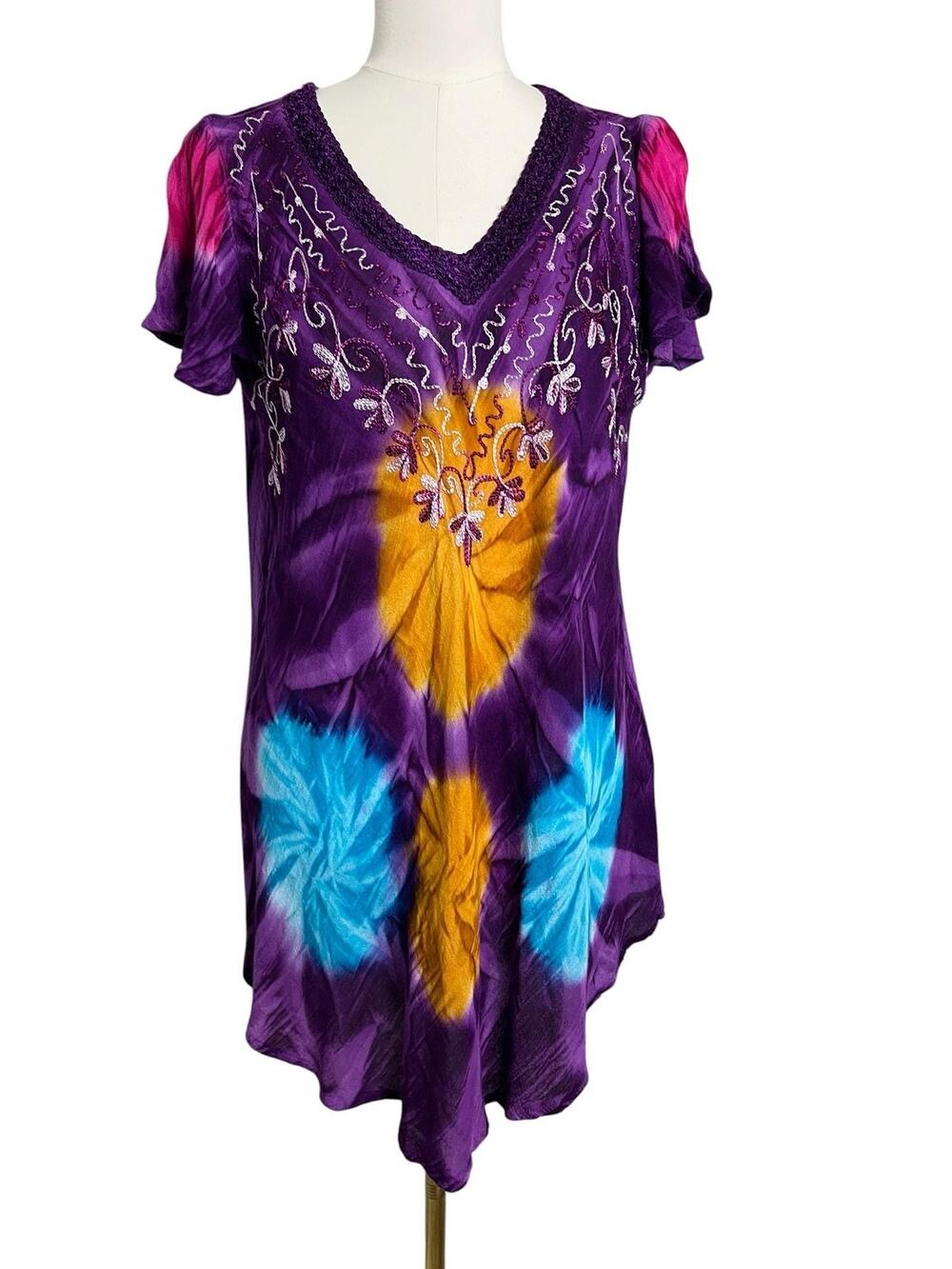 ASHA Tie Dye Embroidered Tunic Dress Boho Festival Rayon Free Size